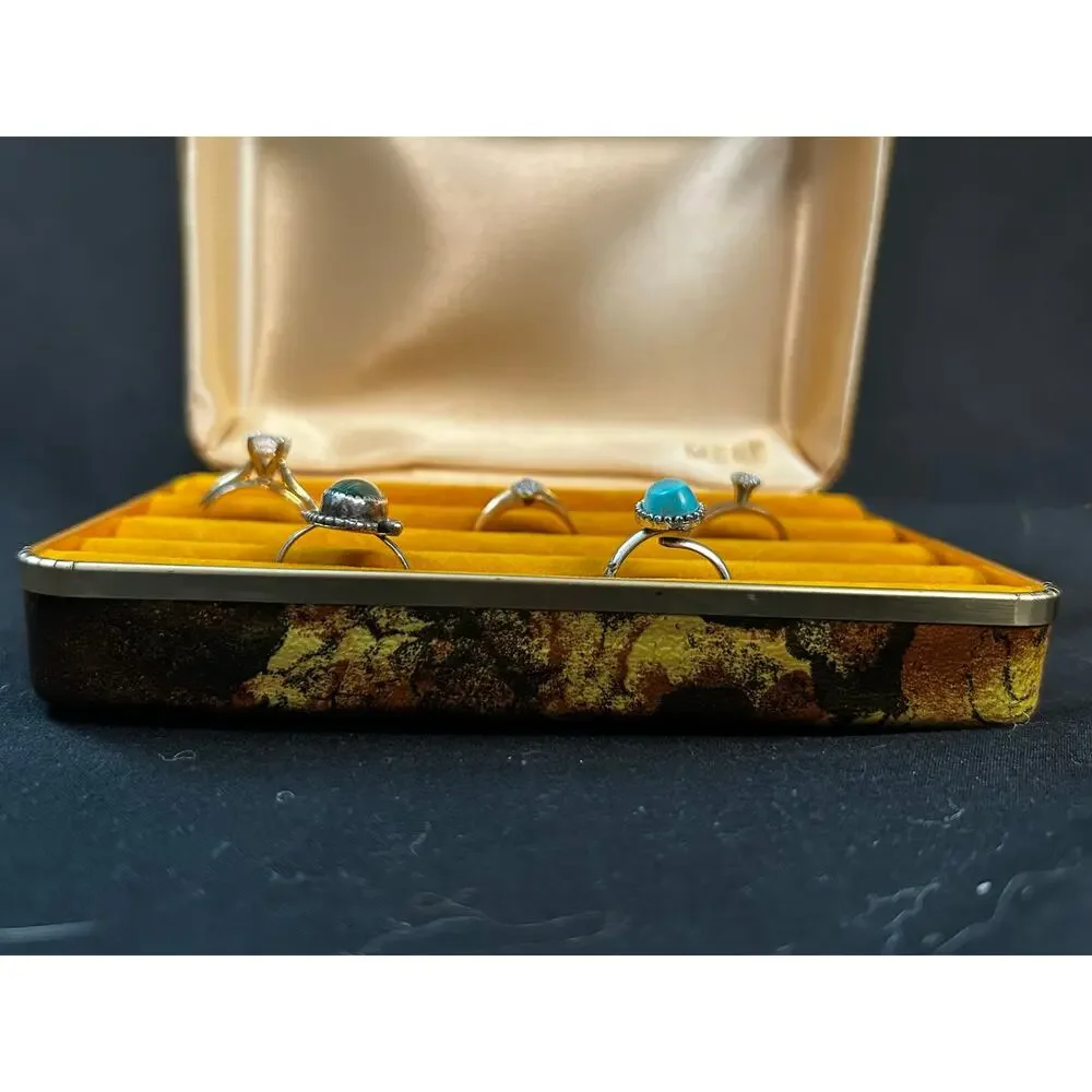 Vintage Mele MCM Floral Jewelry Box Ring Earring Case Mustard Velvet 1960s Mod